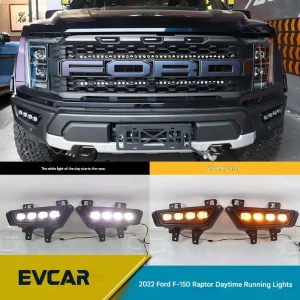 Compatible with 2022 Ford F-150 Raptor — "Four-Eye" Style, Leather-Texture Finish — Dual-Color LED Daytime Running Lights with Sequential Turn Signals (Modification Kit)