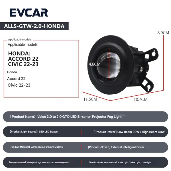 Vehicle-Specific LED Bi-Lens Fog Lights for Honda Accord & Civic — Integrated High/Low Beam Projectors (Cannon-Style) — Waterproof & Dustproof - 图片 3